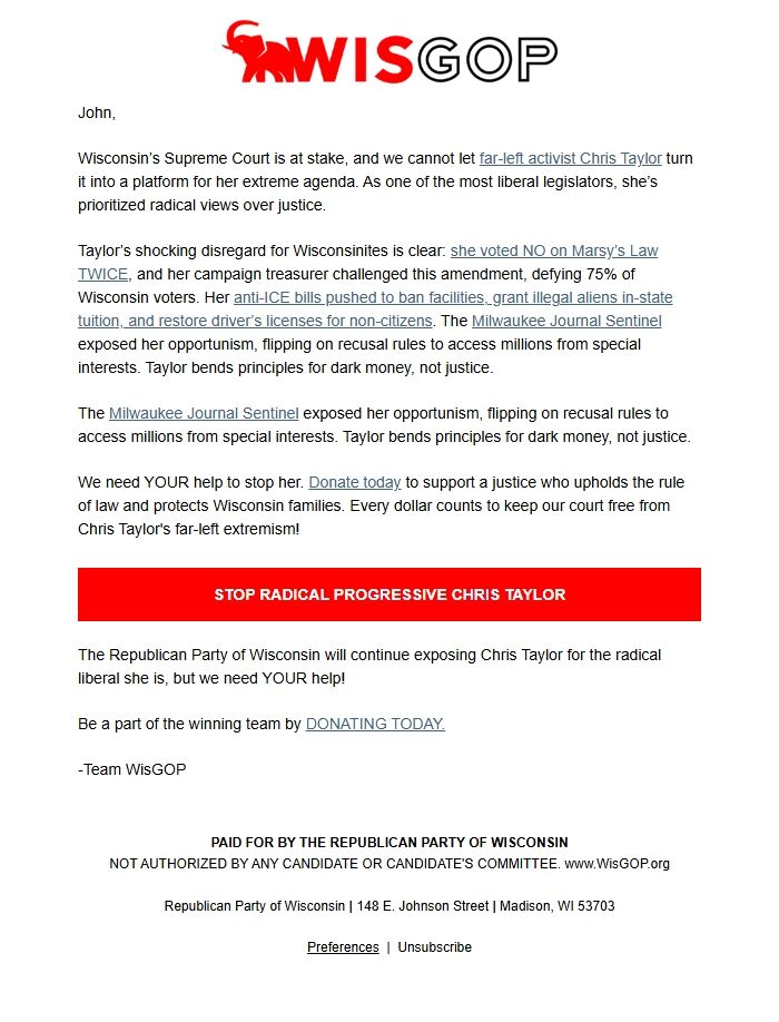 Screenshot of the email generated on import