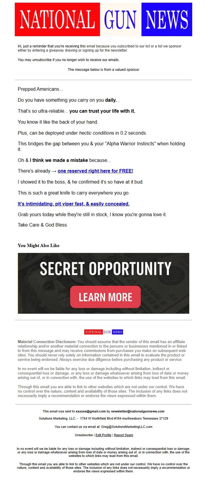 Screenshot of the email generated on import
