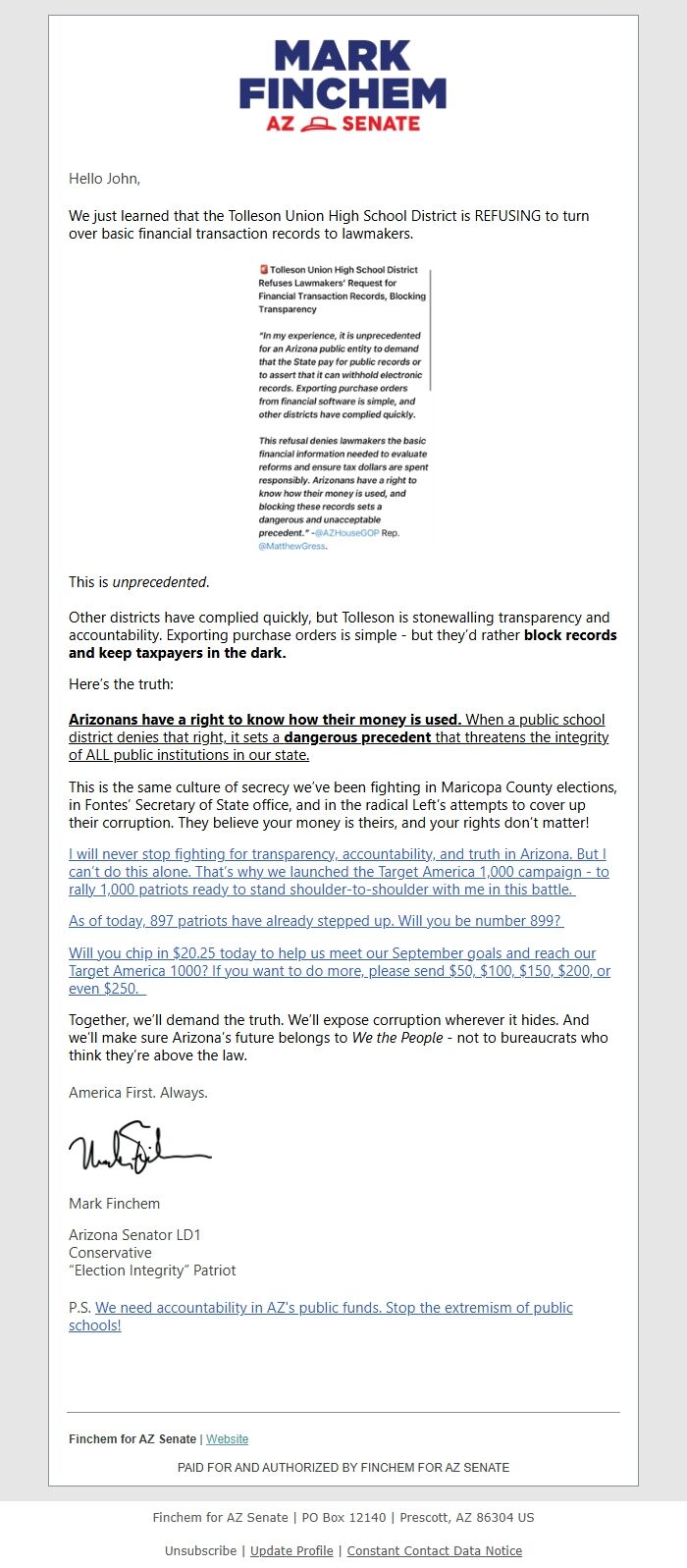 Screenshot of the email generated on import