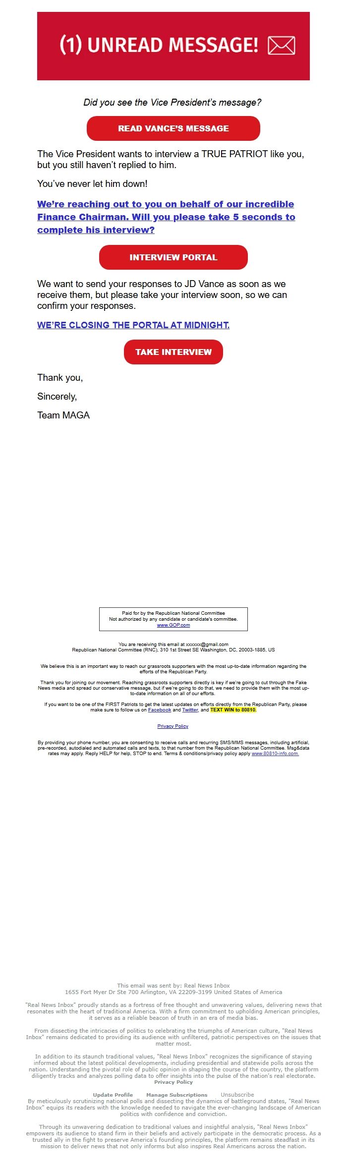 Screenshot of the email generated on import
