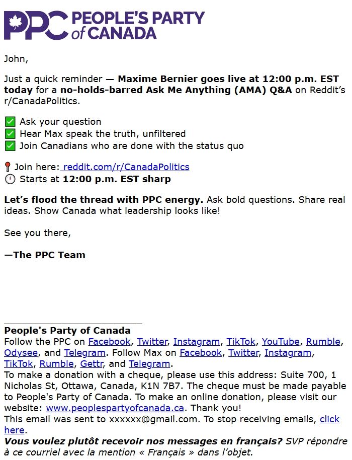 Screenshot of the email generated on import