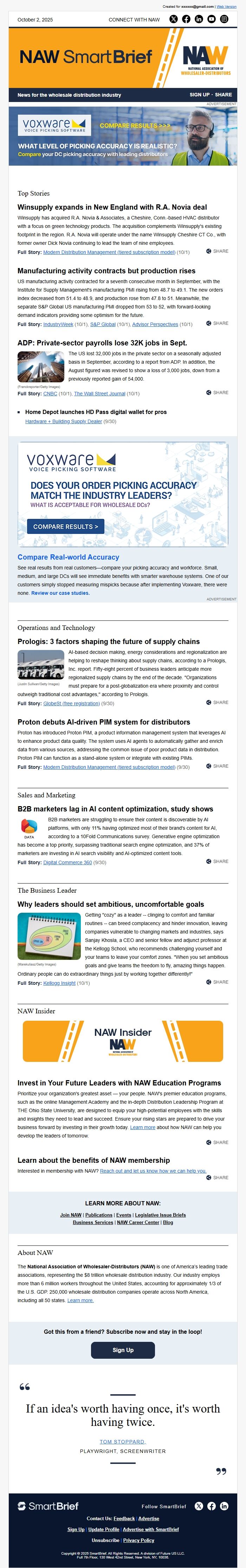 Screenshot of the email generated on import