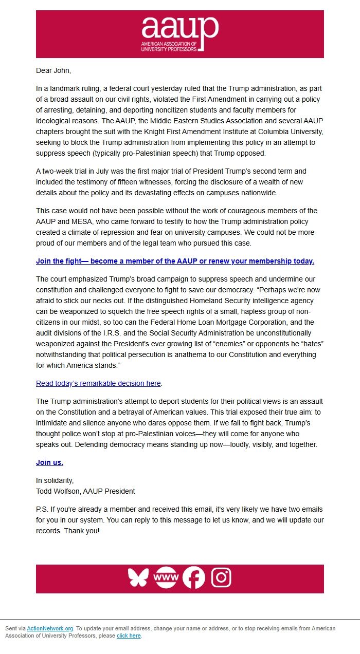 Screenshot of the email generated on import