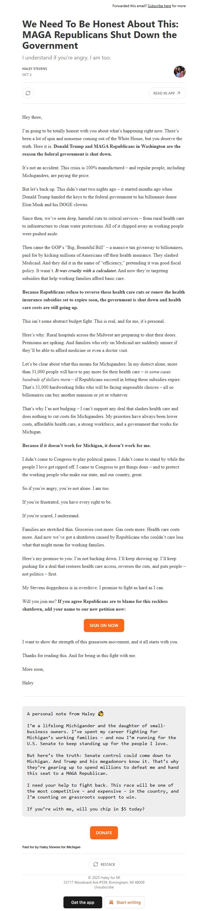 Screenshot of the email generated on import