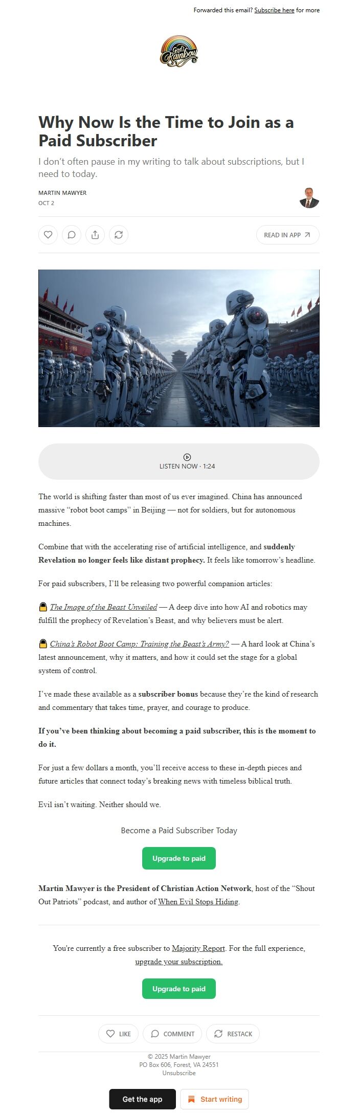 Screenshot of the email generated on import