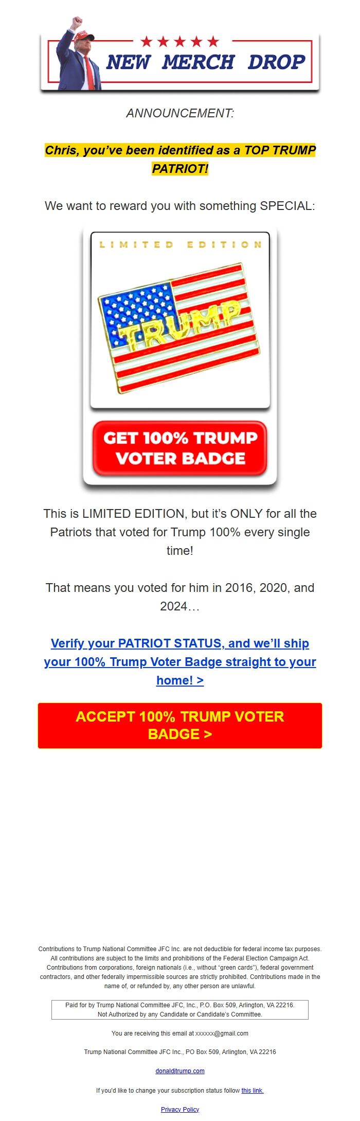 Screenshot of the email generated on import
