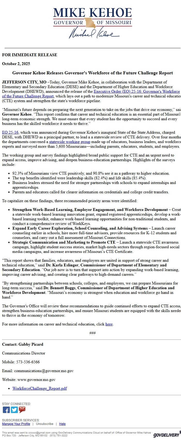 Screenshot of the email generated on import