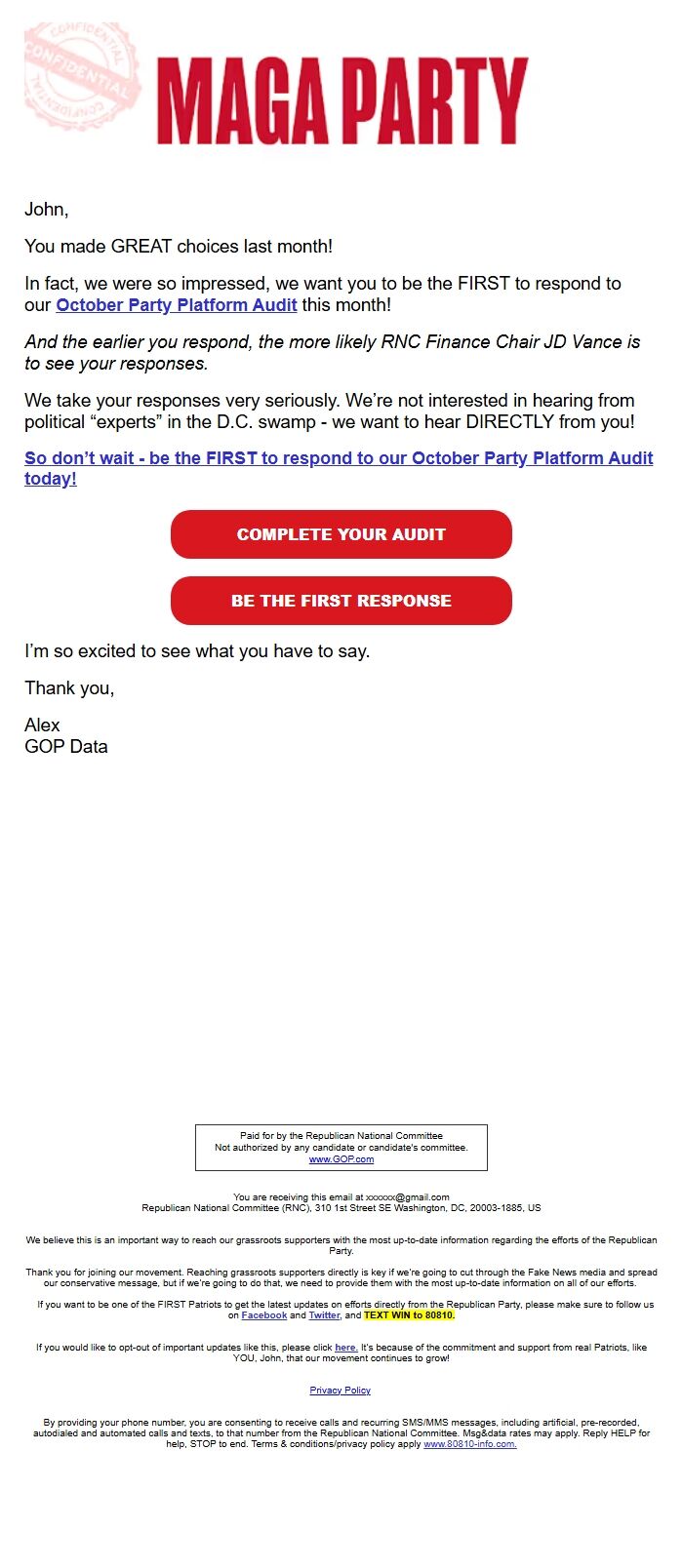 Screenshot of the email generated on import