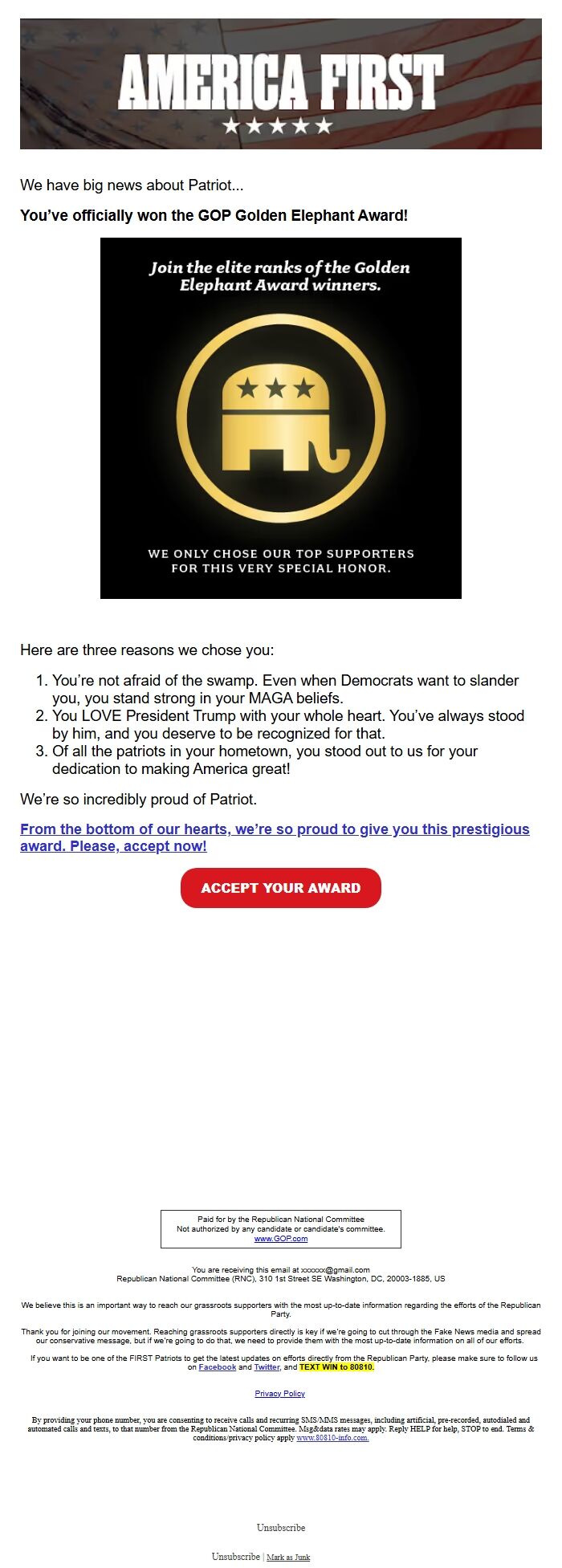 Screenshot of the email generated on import