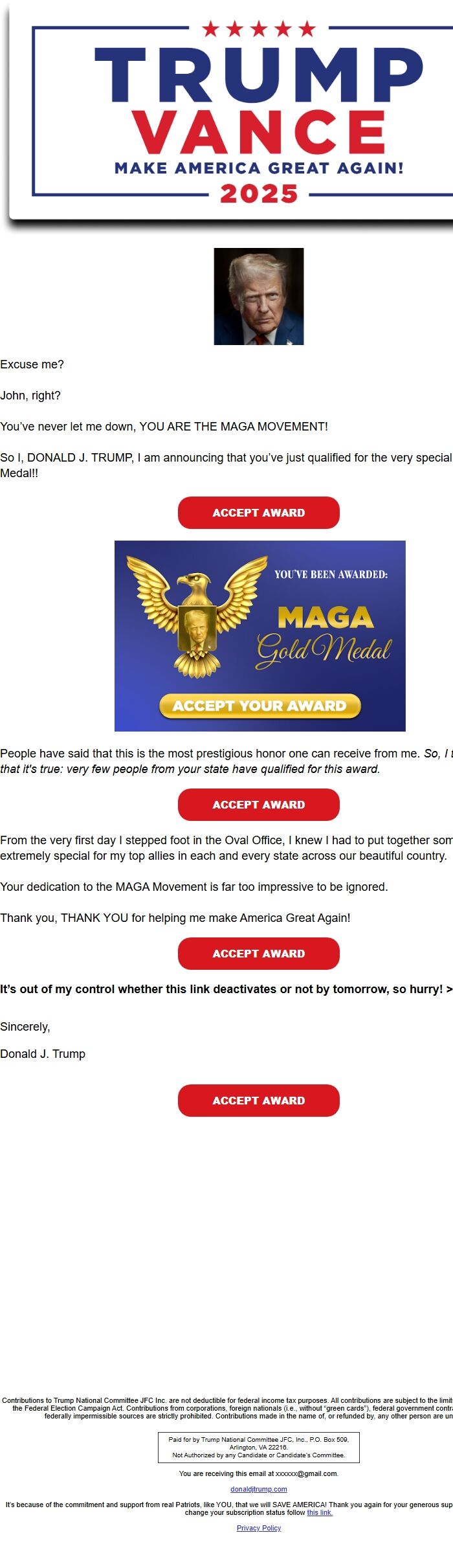Screenshot of the email generated on import