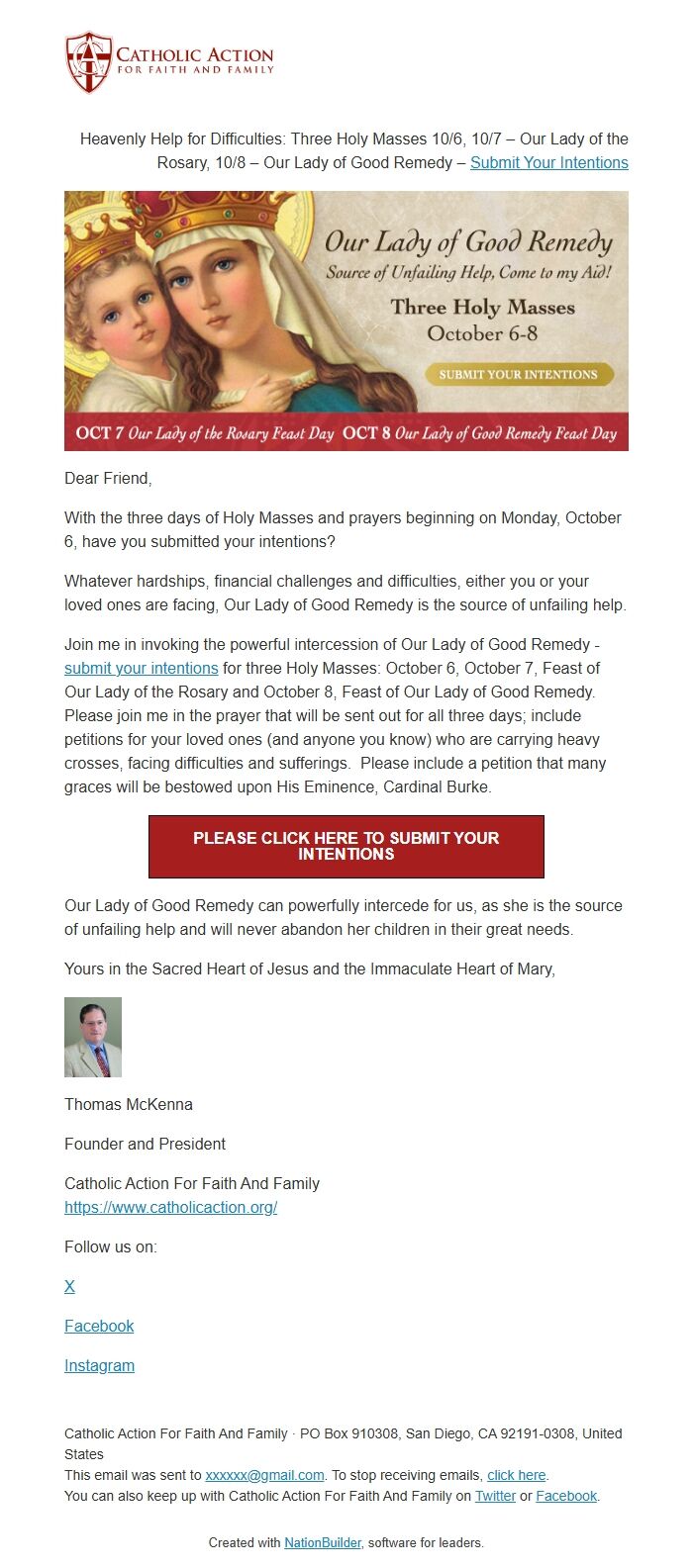 Screenshot of the email generated on import