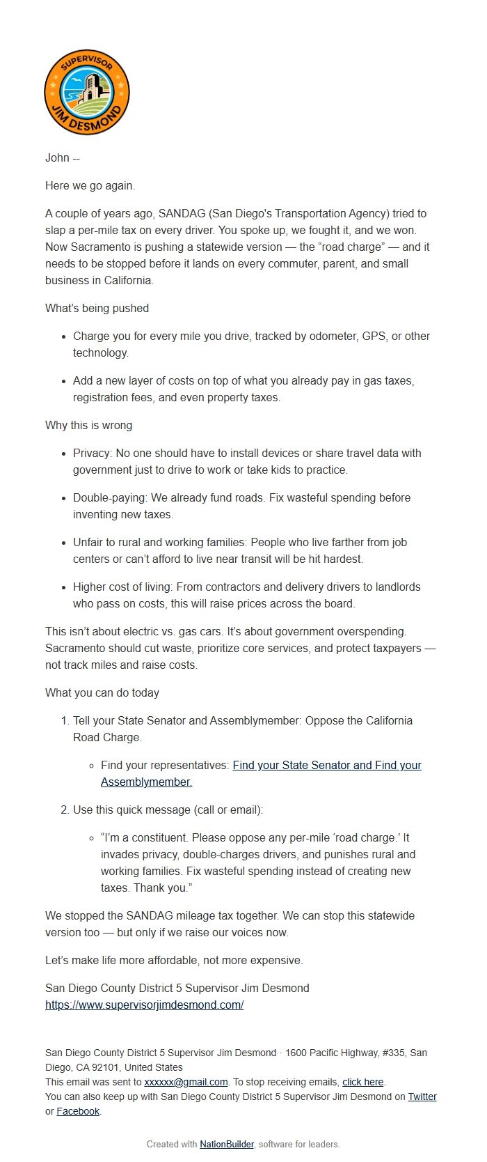 Screenshot of the email generated on import