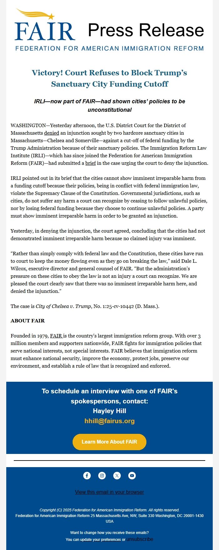 Screenshot of the email generated on import