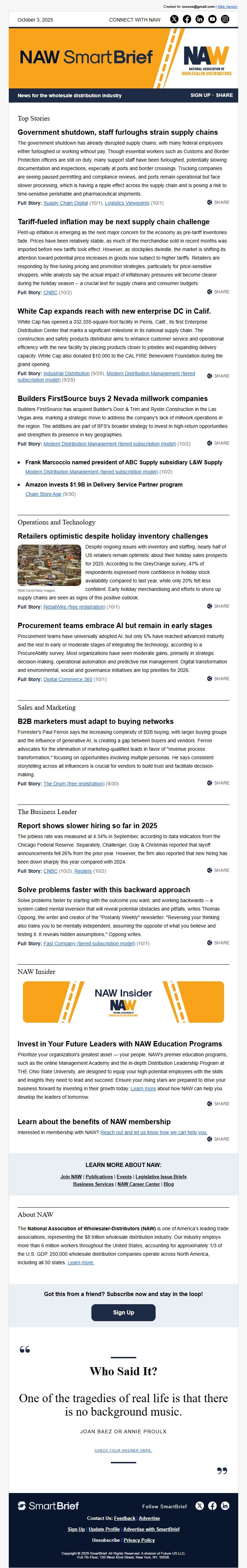 Screenshot of the email generated on import