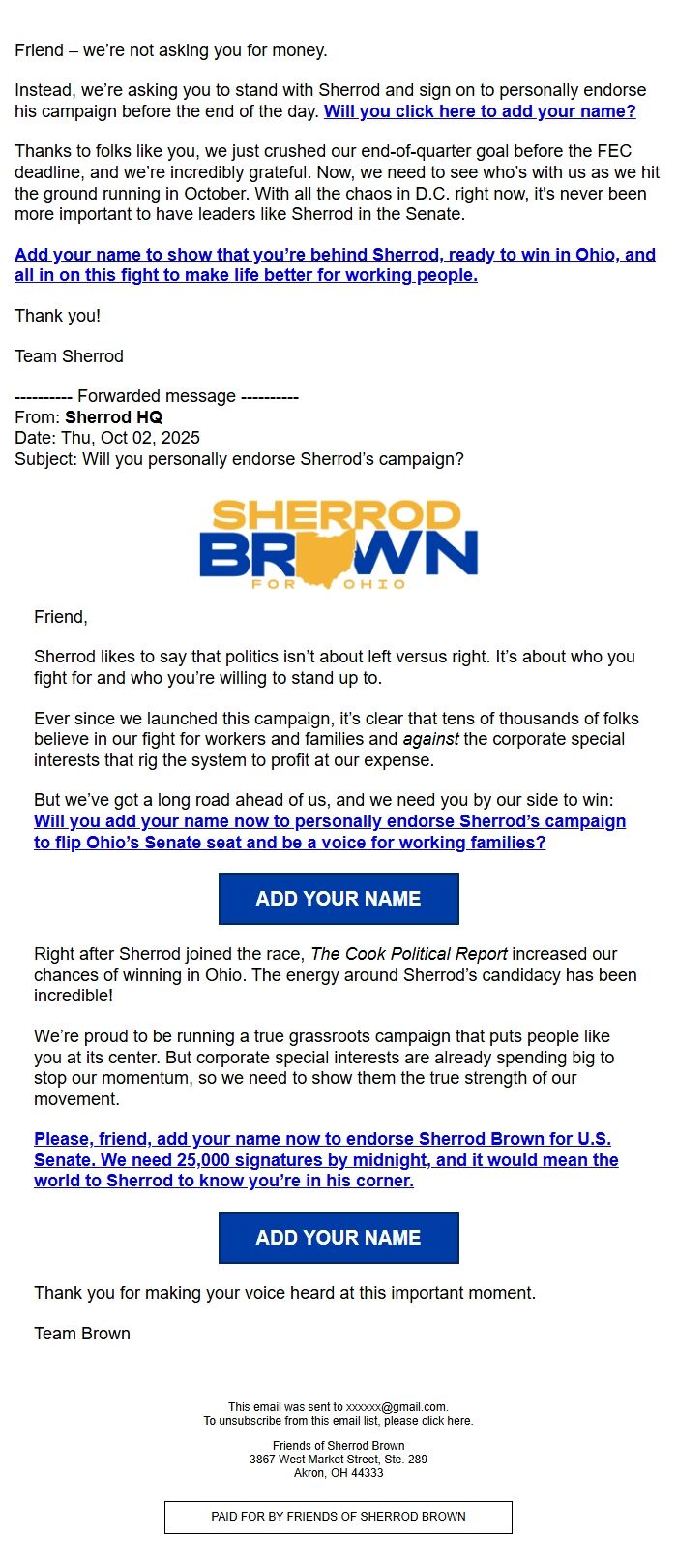 Screenshot of the email generated on import