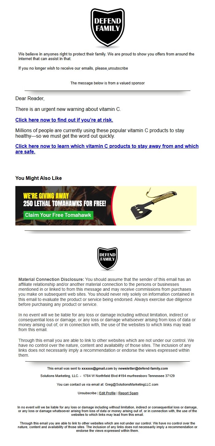 Screenshot of the email generated on import