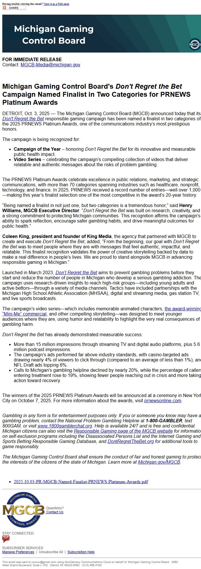 Screenshot of the email generated on import