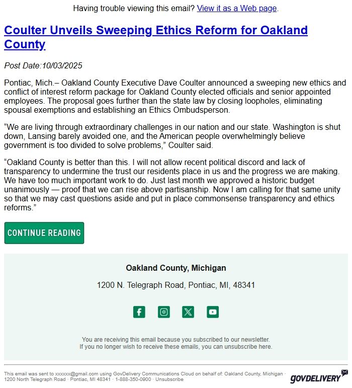 Screenshot of the email generated on import