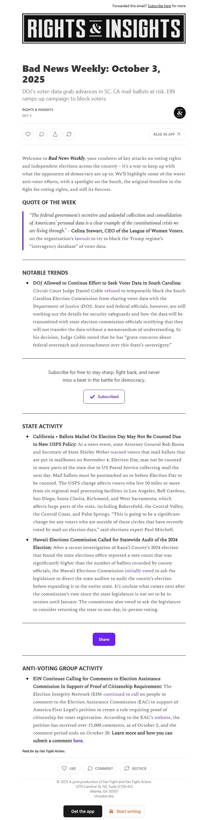 Screenshot of the email generated on import
