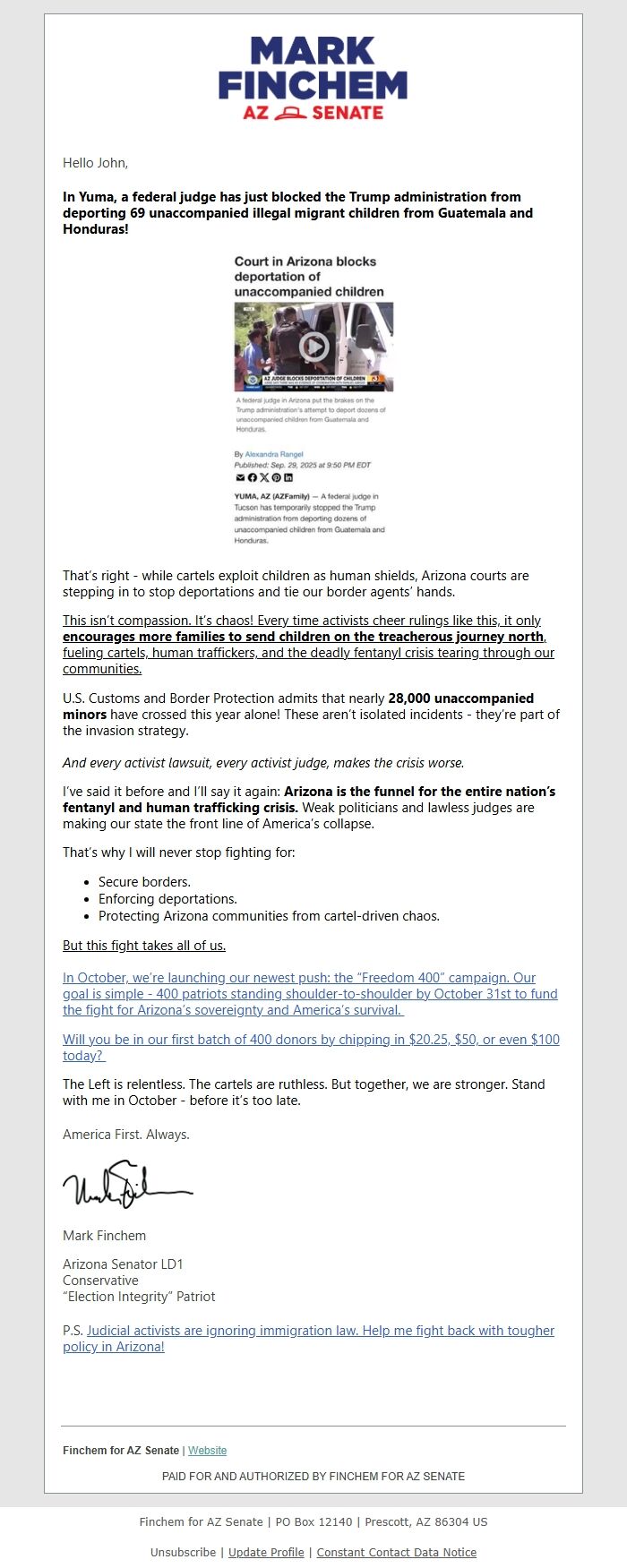 Screenshot of the email generated on import