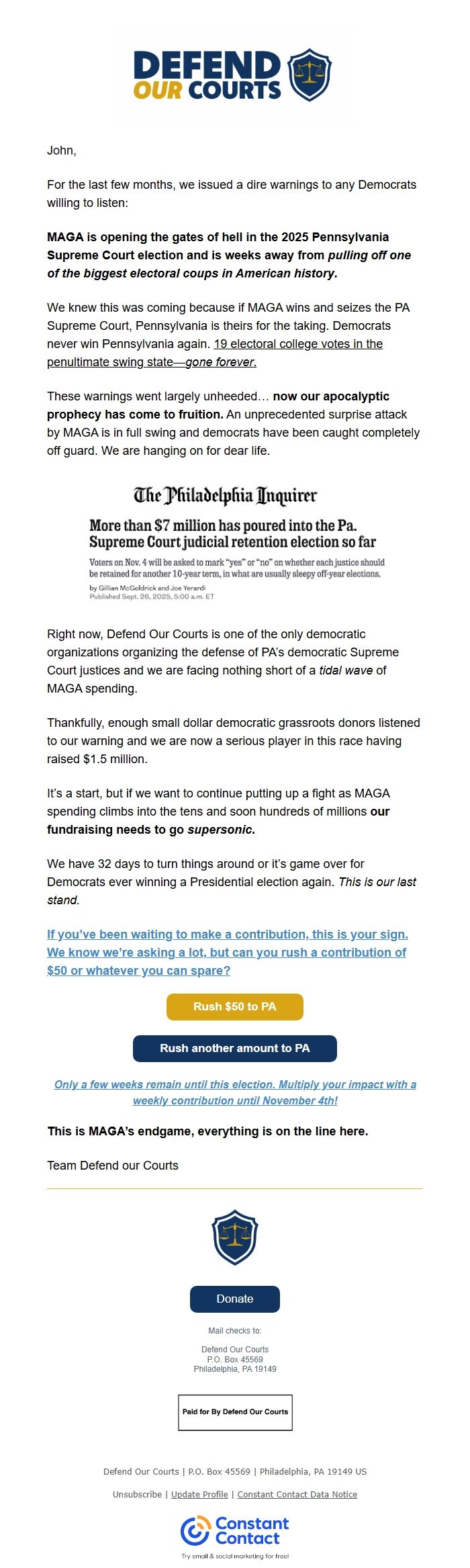 Screenshot of the email generated on import