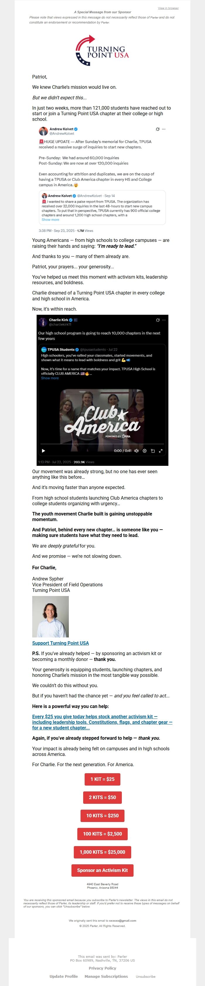 Screenshot of the email generated on import
