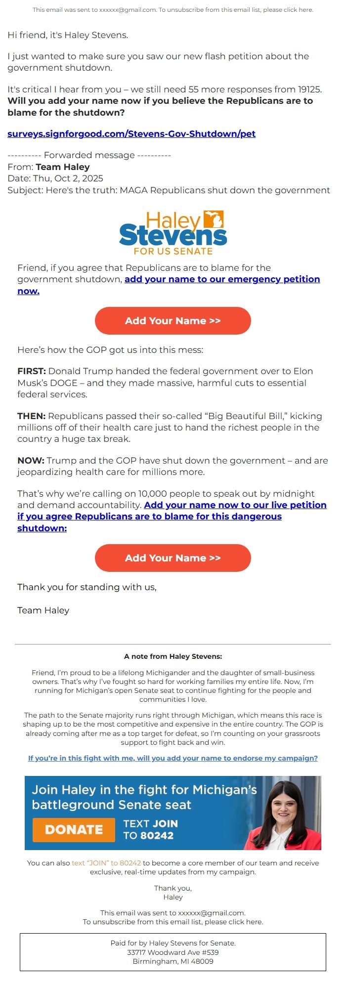 Screenshot of the email generated on import