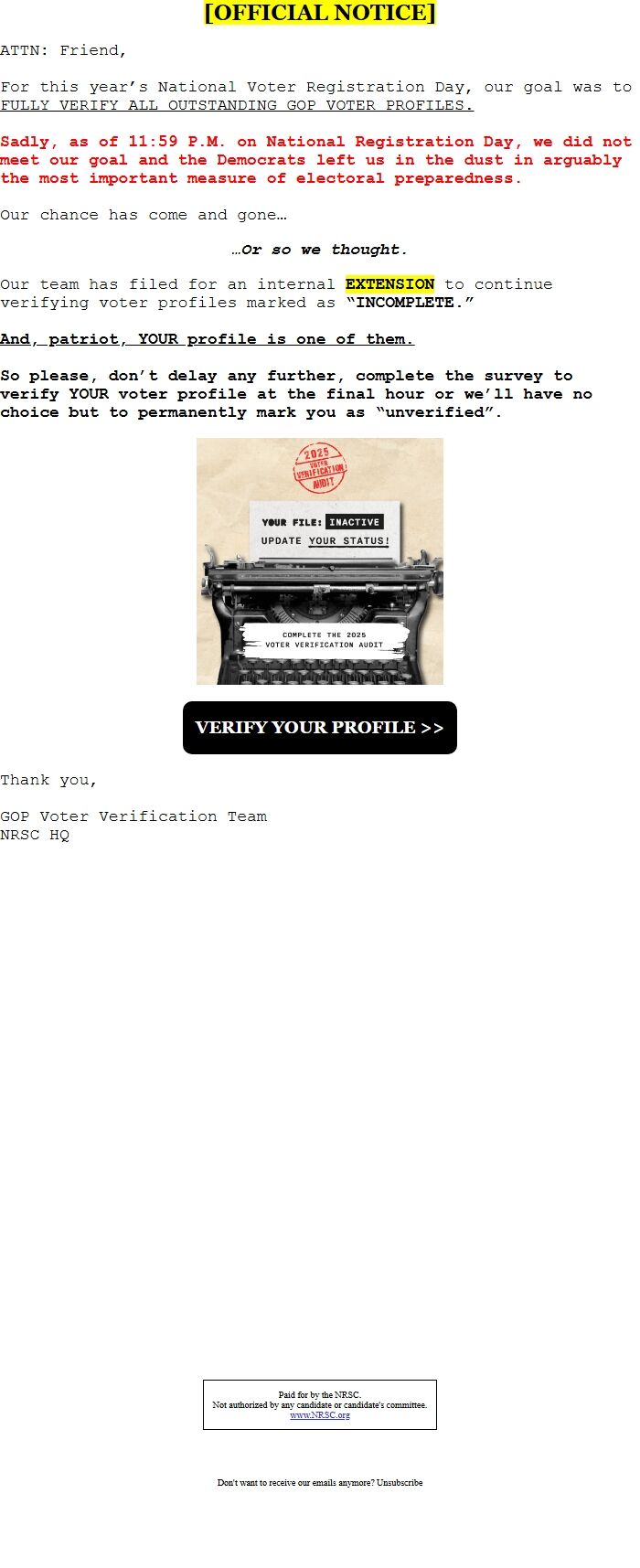 Screenshot of the email generated on import