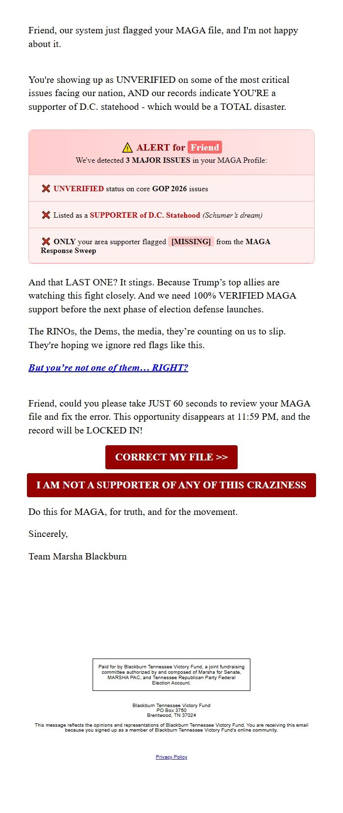 Screenshot of the email generated on import