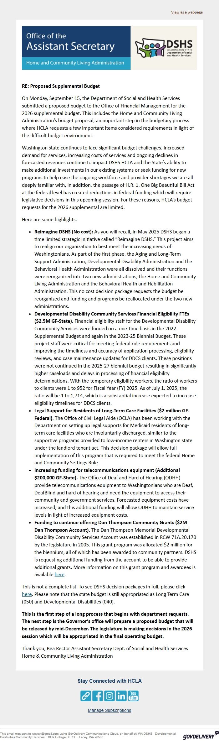 Screenshot of the email generated on import