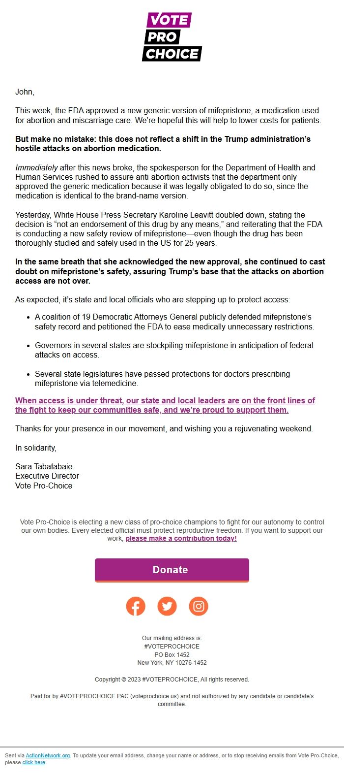 Screenshot of the email generated on import