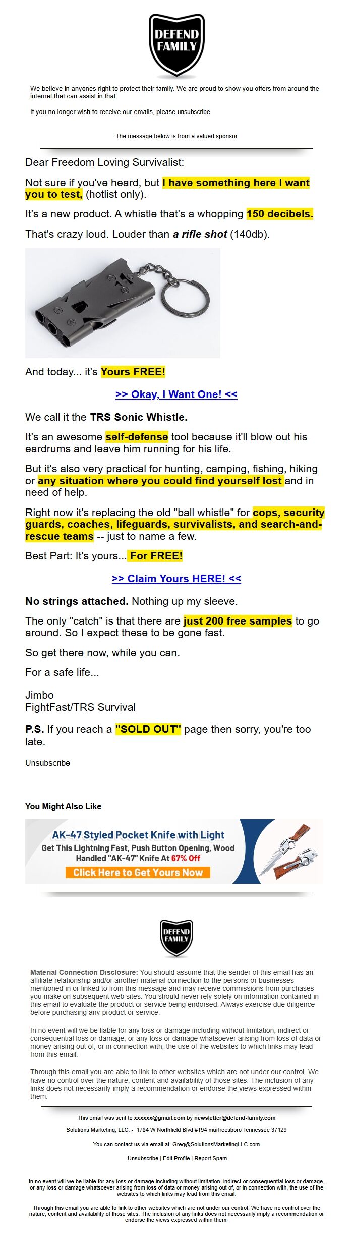 Screenshot of the email generated on import