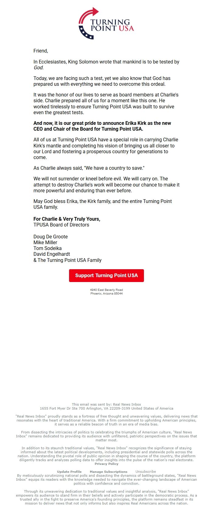Screenshot of the email generated on import
