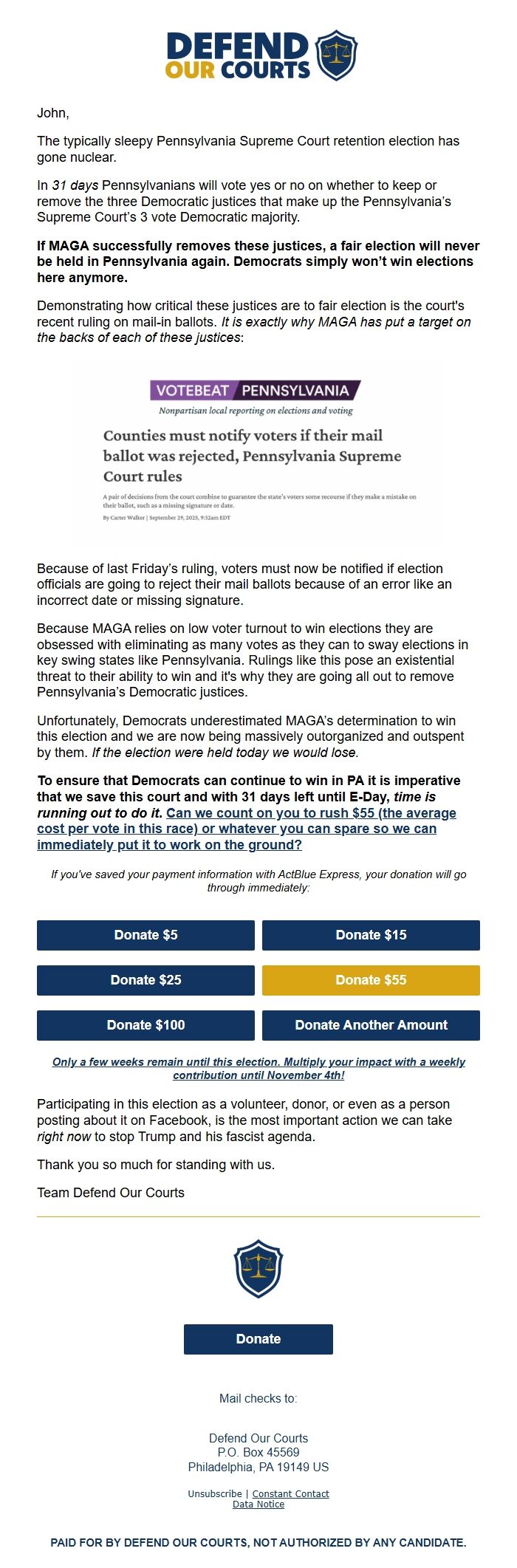 Screenshot of the email generated on import