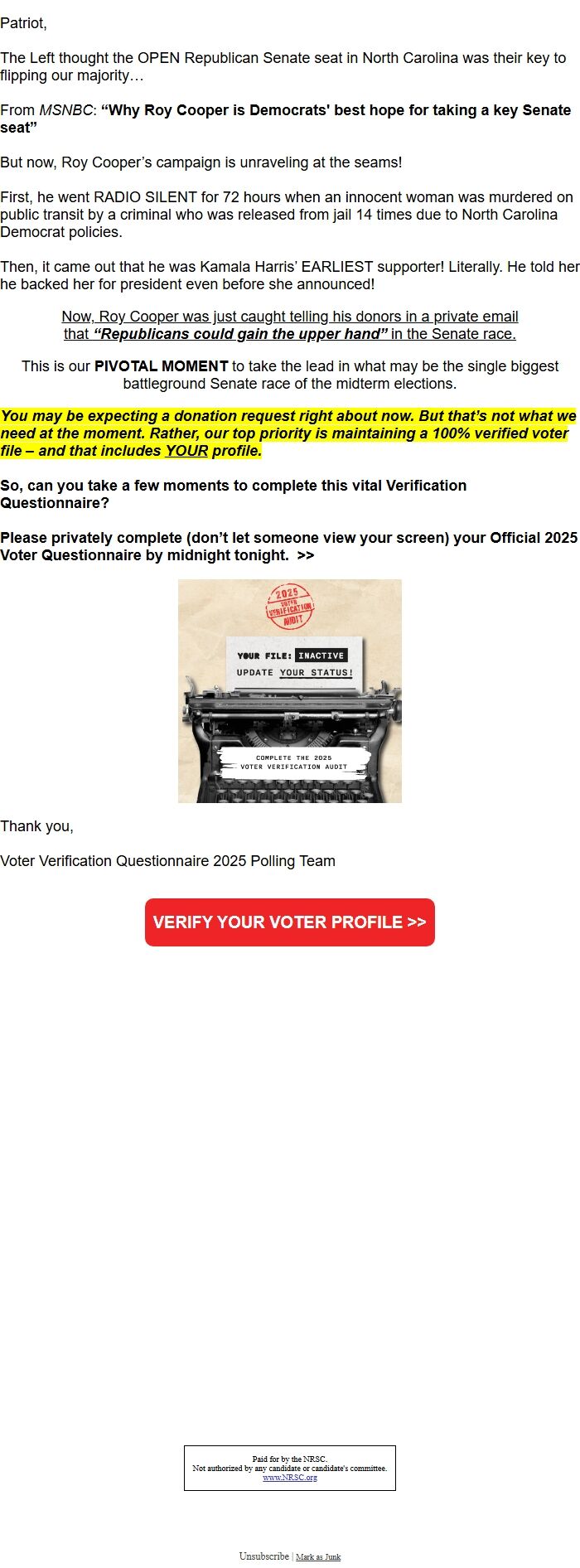 Screenshot of the email generated on import