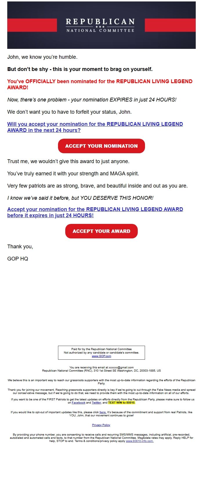 Screenshot of the email generated on import