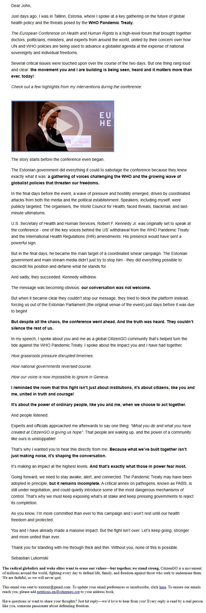 Screenshot of the email generated on import