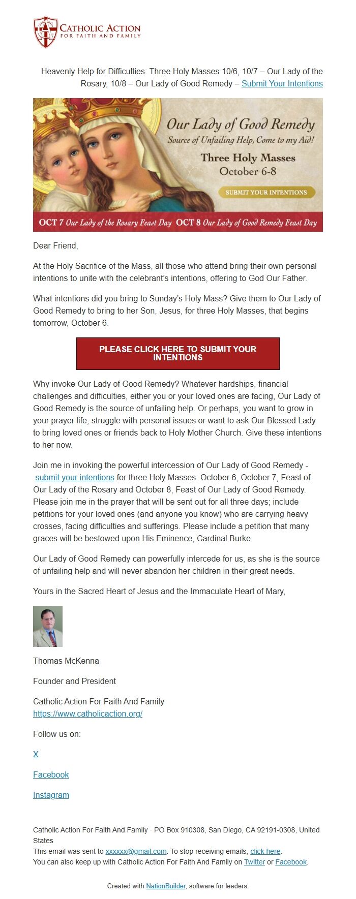Screenshot of the email generated on import