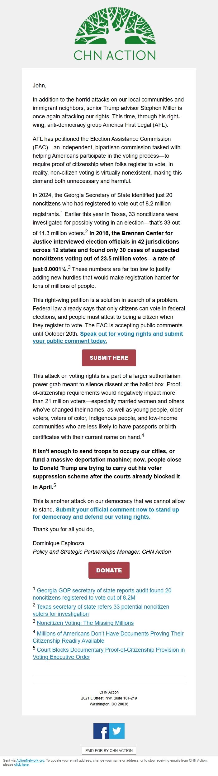 Screenshot of the email generated on import