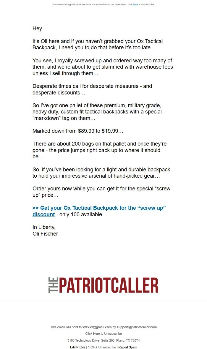 Screenshot of the email generated on import
