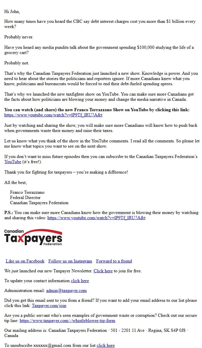 Screenshot of the email generated on import