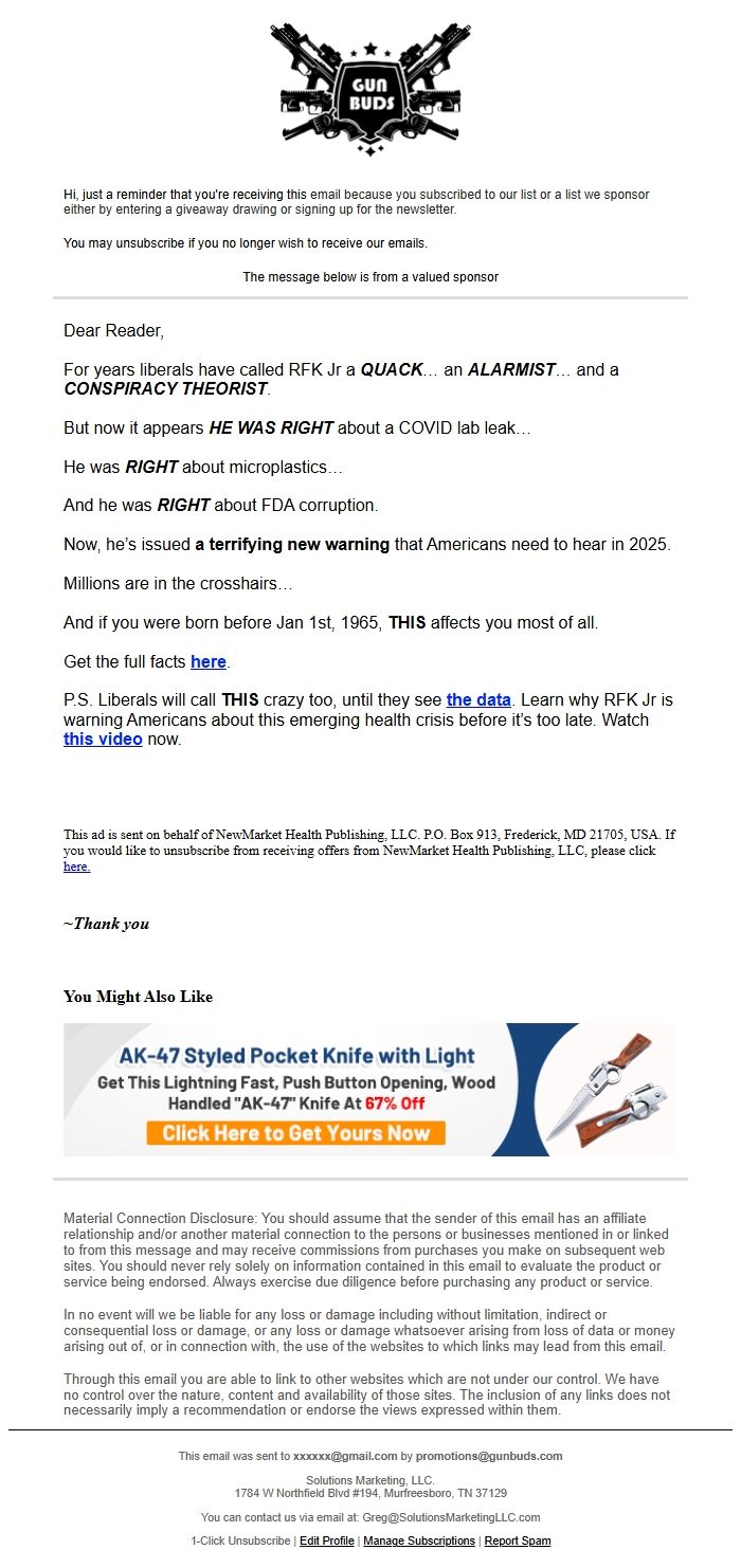 Screenshot of the email generated on import