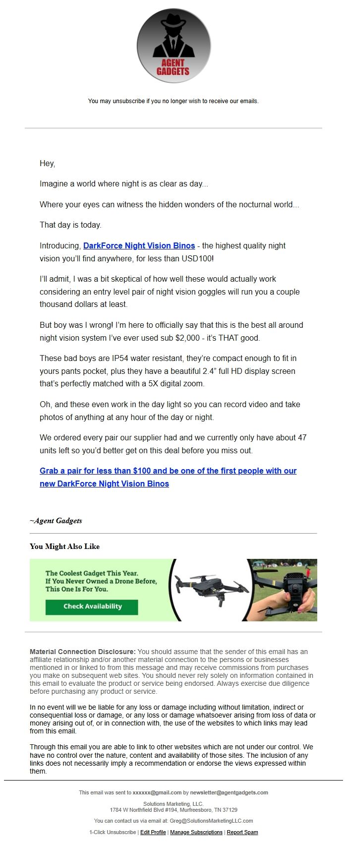 Screenshot of the email generated on import