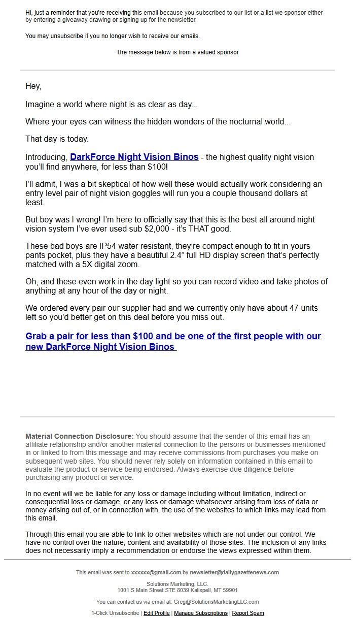 Screenshot of the email generated on import