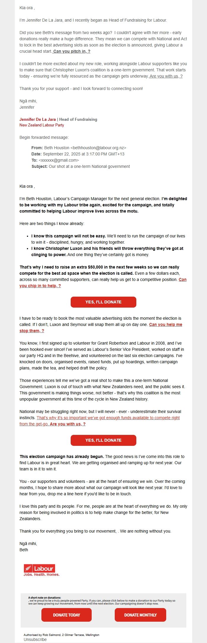 Screenshot of the email generated on import