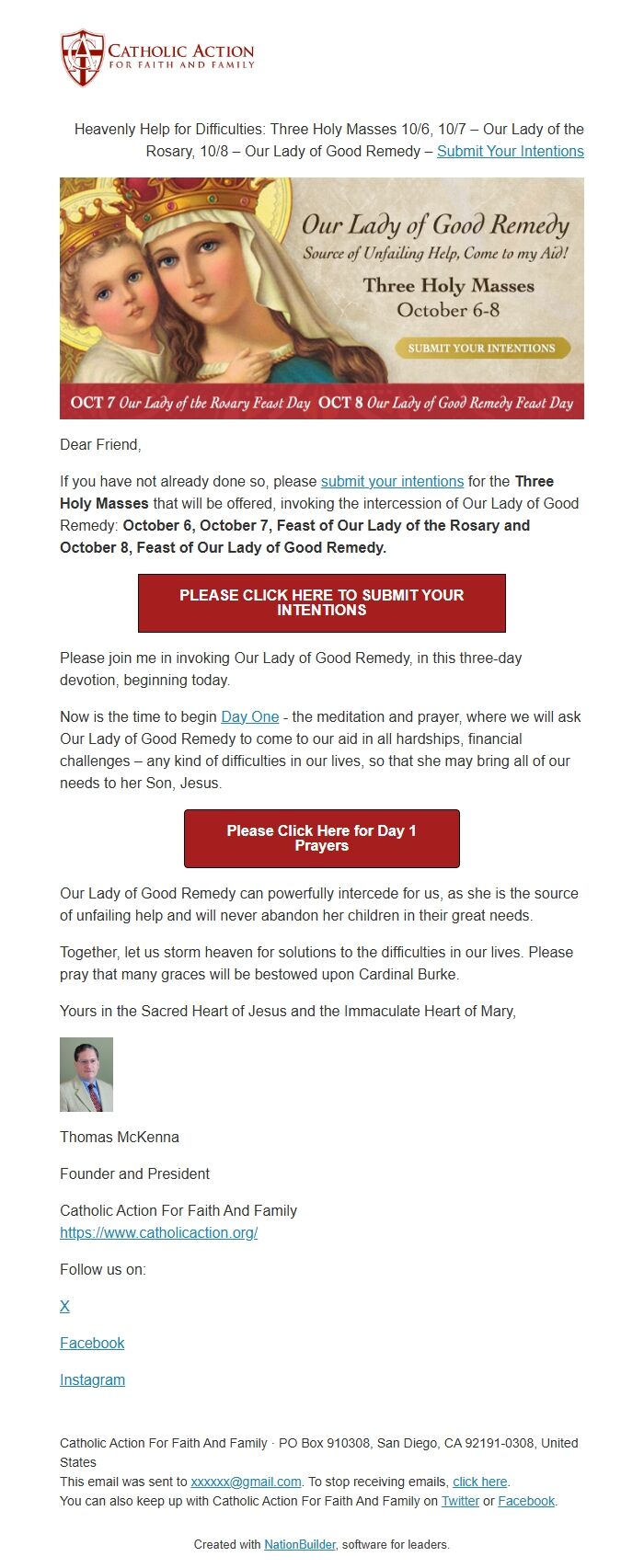 Screenshot of the email generated on import