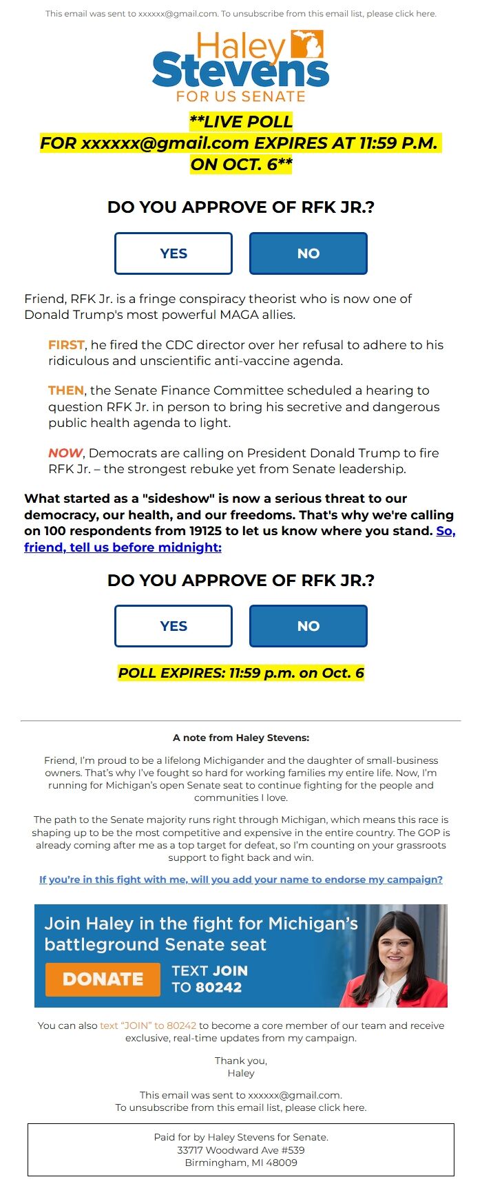 Screenshot of the email generated on import
