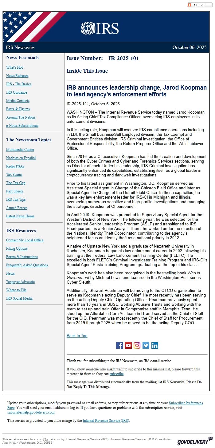 Screenshot of the email generated on import
