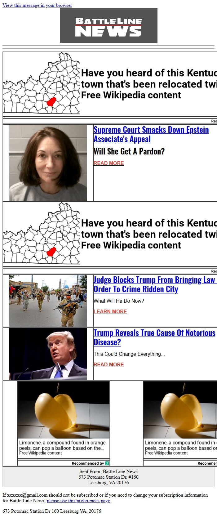 Screenshot of the email generated on import
