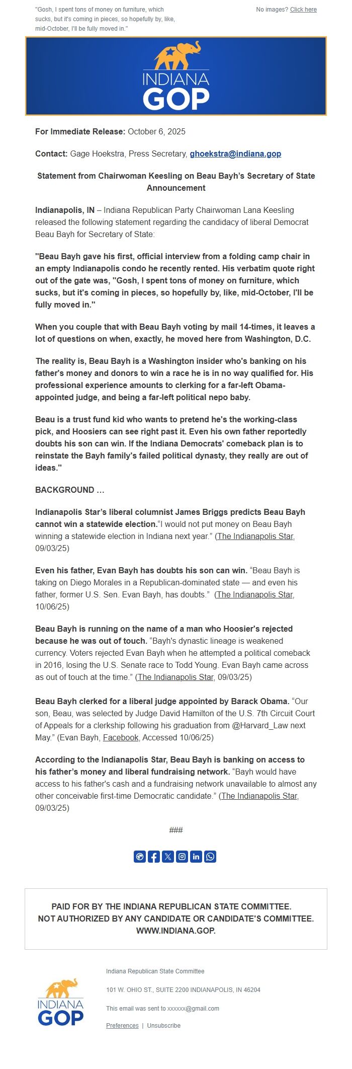 Screenshot of the email generated on import